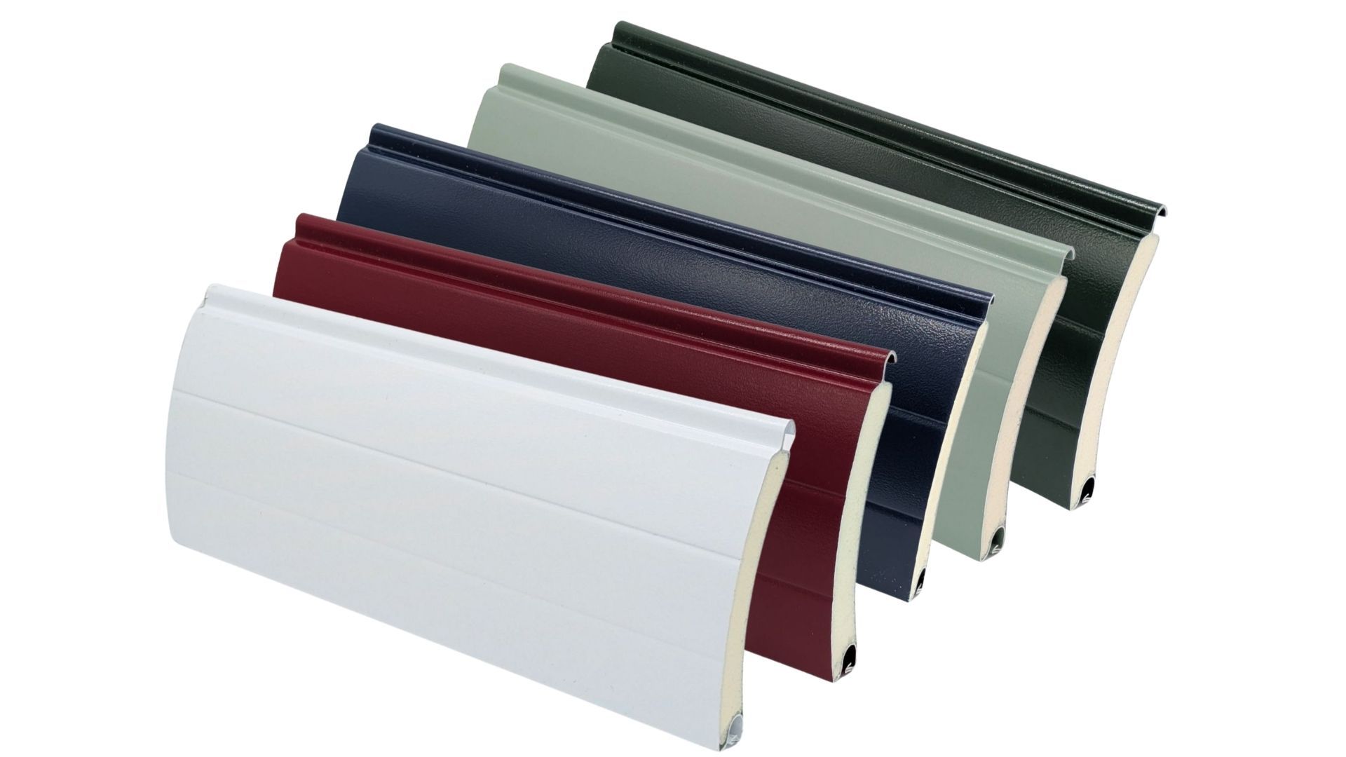 Range of insulated roller garage door slats displayed in different colours, including white, red, blue, grey, and green, showing available colour options.