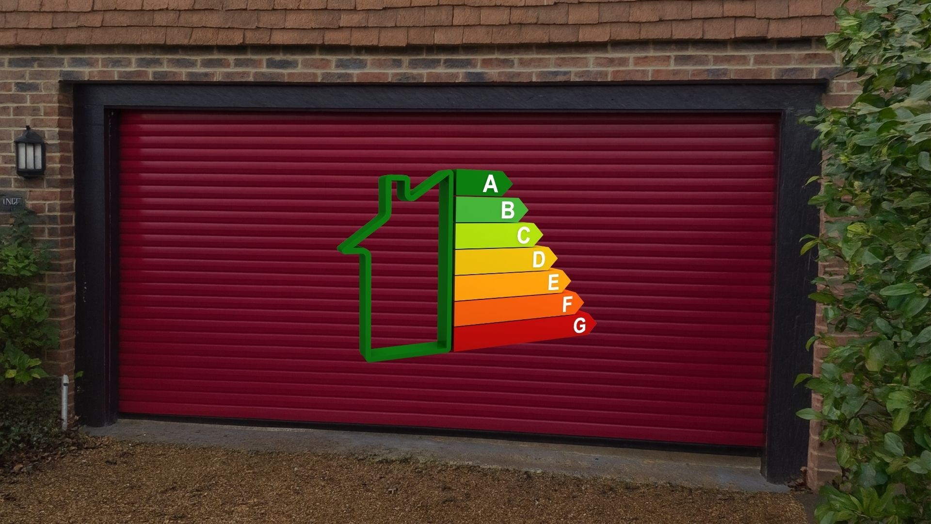 Red roller garage door with an energy efficiency rating graphic showing grades A to G, indicating insulated and energy-efficient performance.