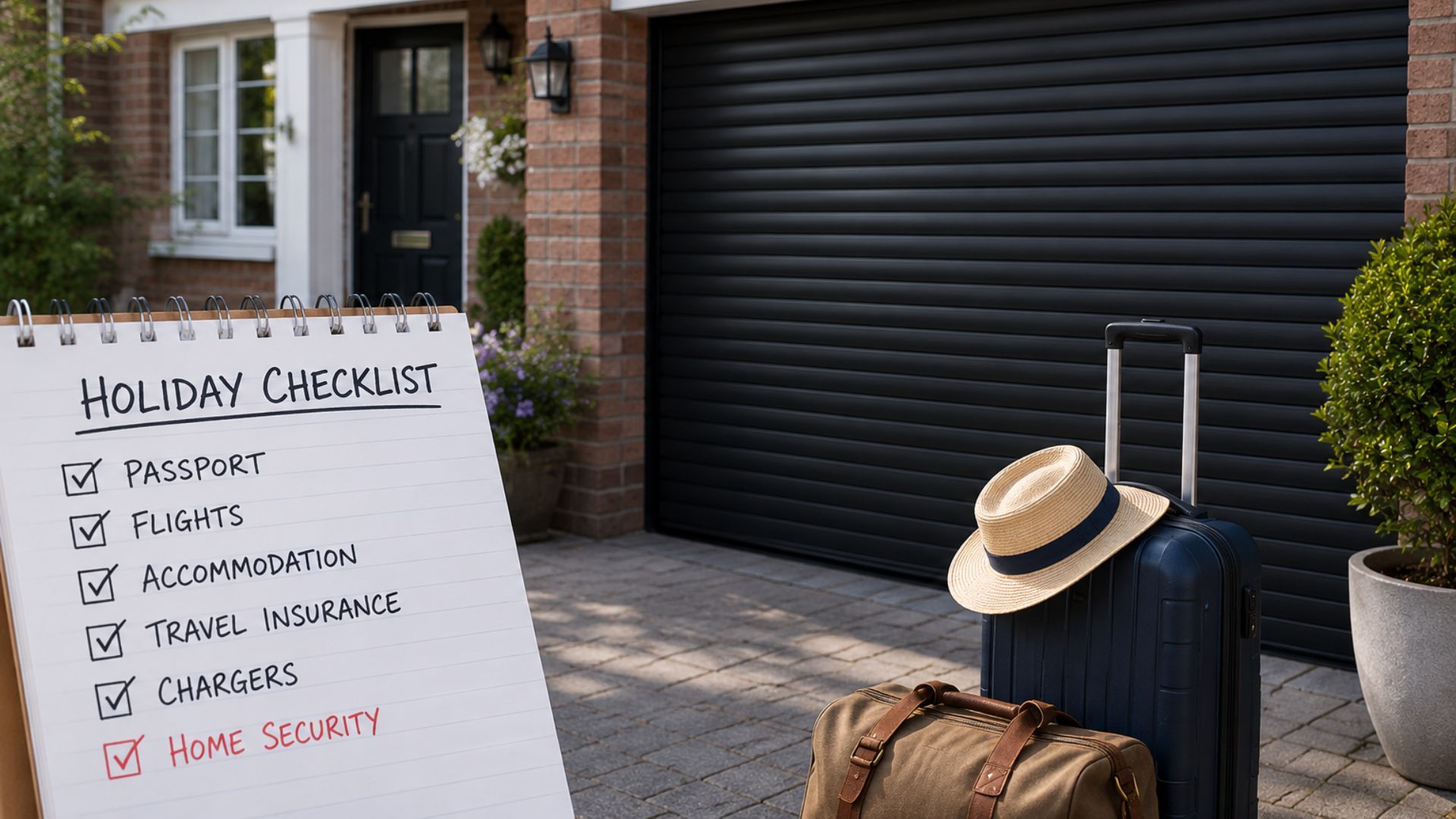 Home security checklist beside a modern roller garage door and travel luggage before a summer holiday in the UK.
