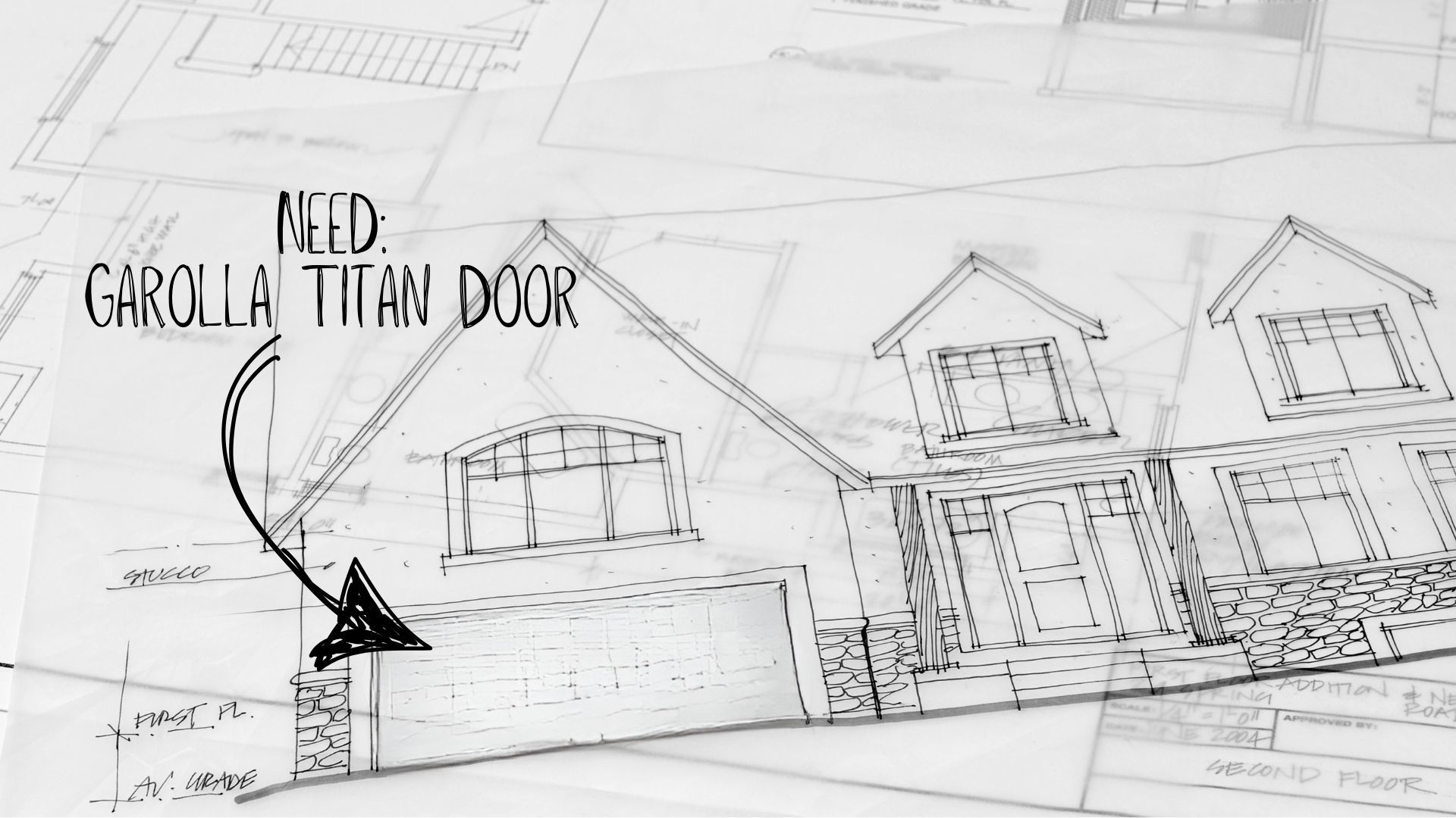 blue print style drawing of a house with space for a large roller garage door