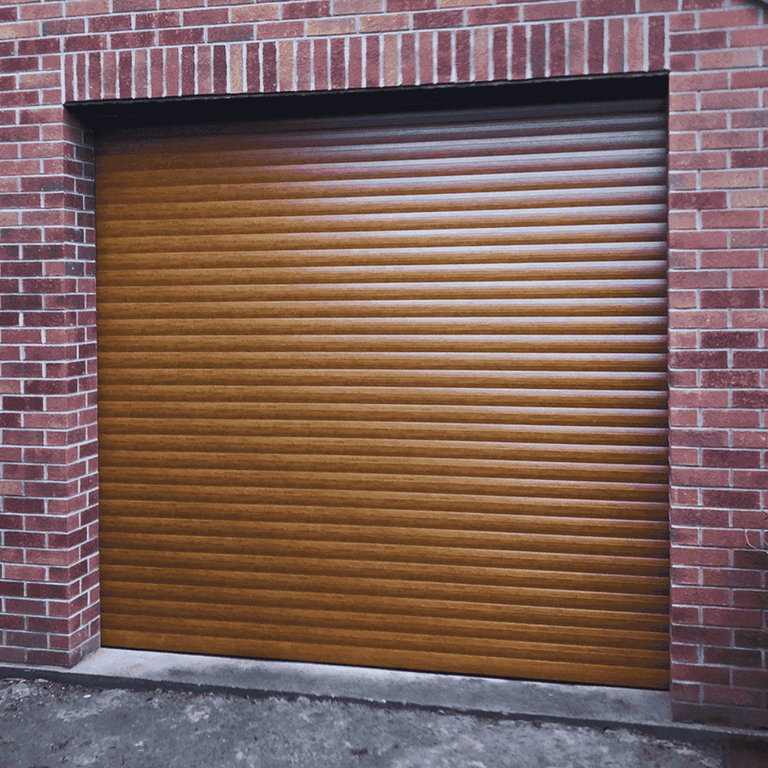 A Garolla wood grain garage door with face fitting