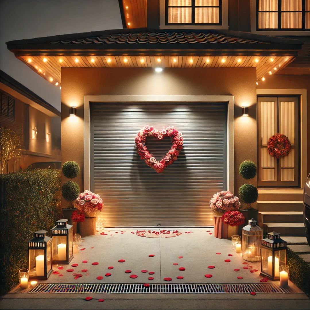 A garage door decorated for Valentine's Day