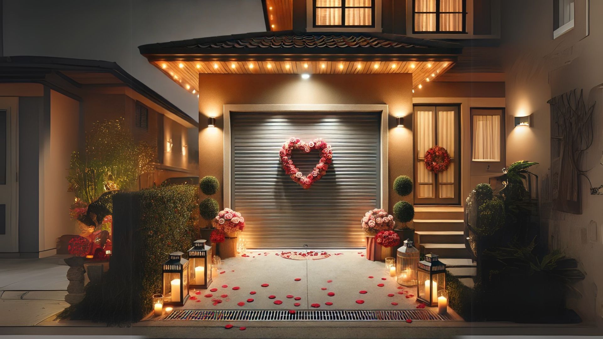 A garage door decorated for Valentine's Day