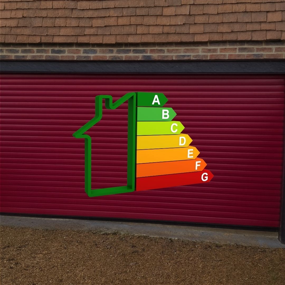 Red roller garage door with an energy efficiency rating graphic showing grades A to G, indicating insulated and energy-efficient performance.