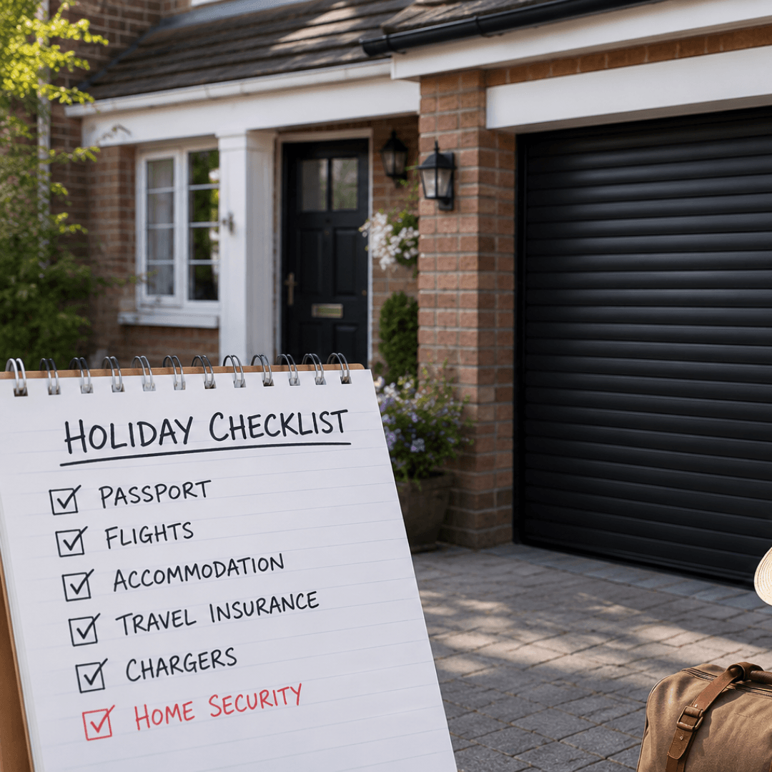 Home security checklist beside a modern roller garage door and travel luggage before a summer holiday in the UK.