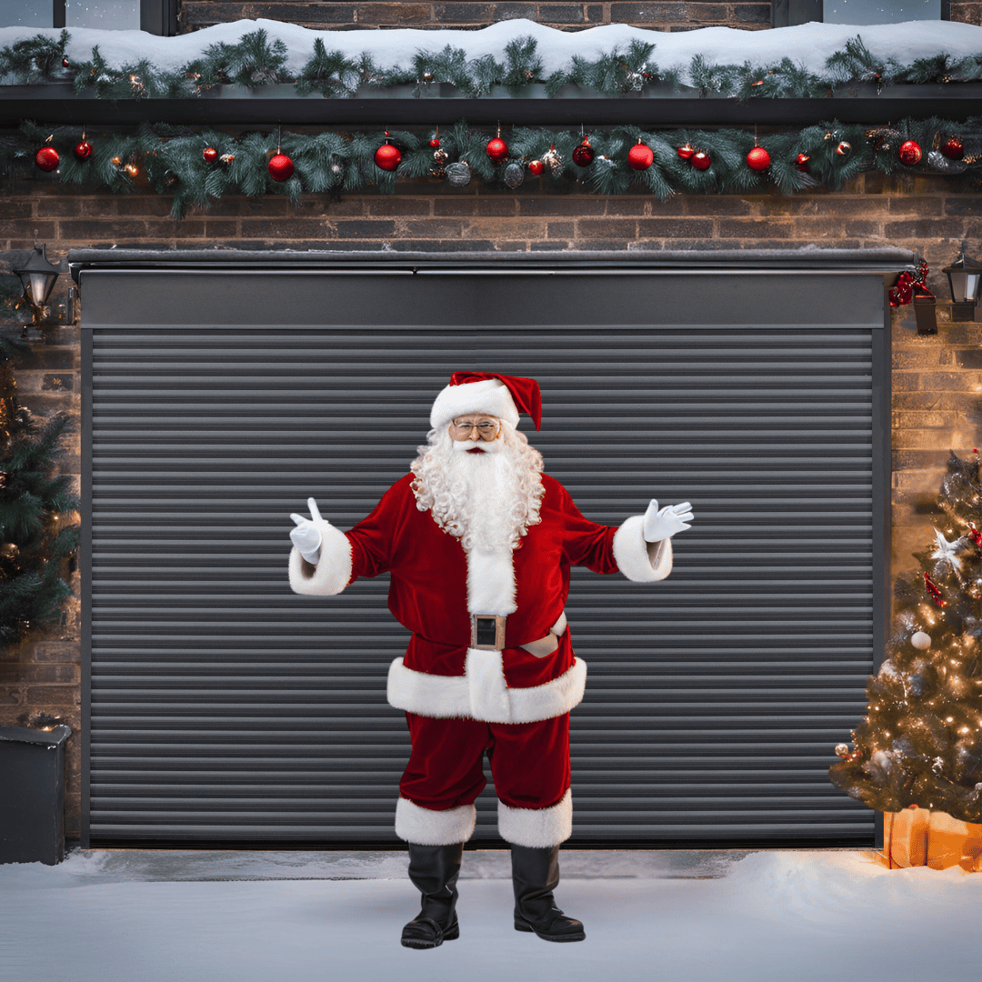 Santa Claus in front of a Garolla electric garage door