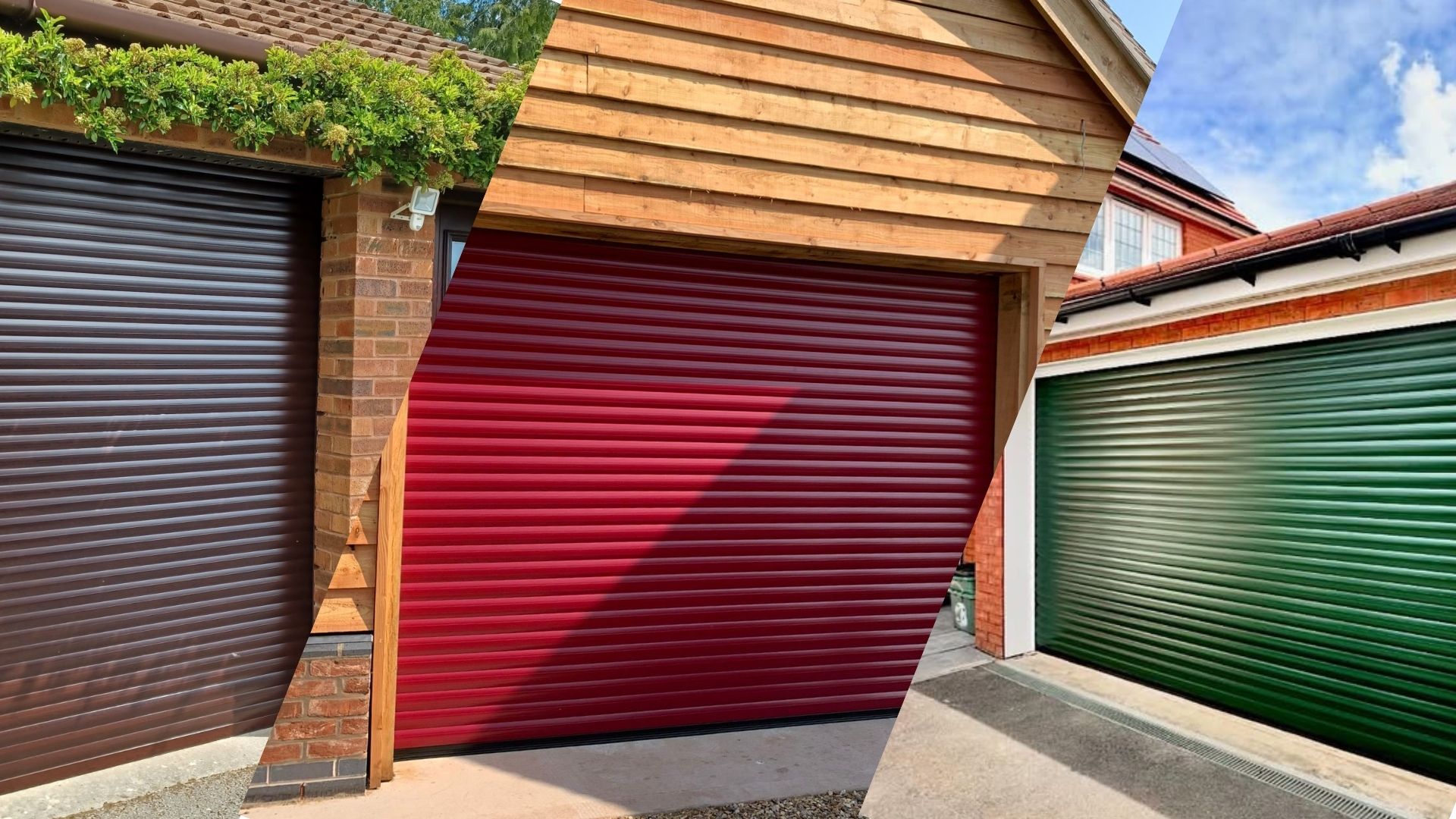 A collage of three different colours of Roller garage doors, brown, red, and green