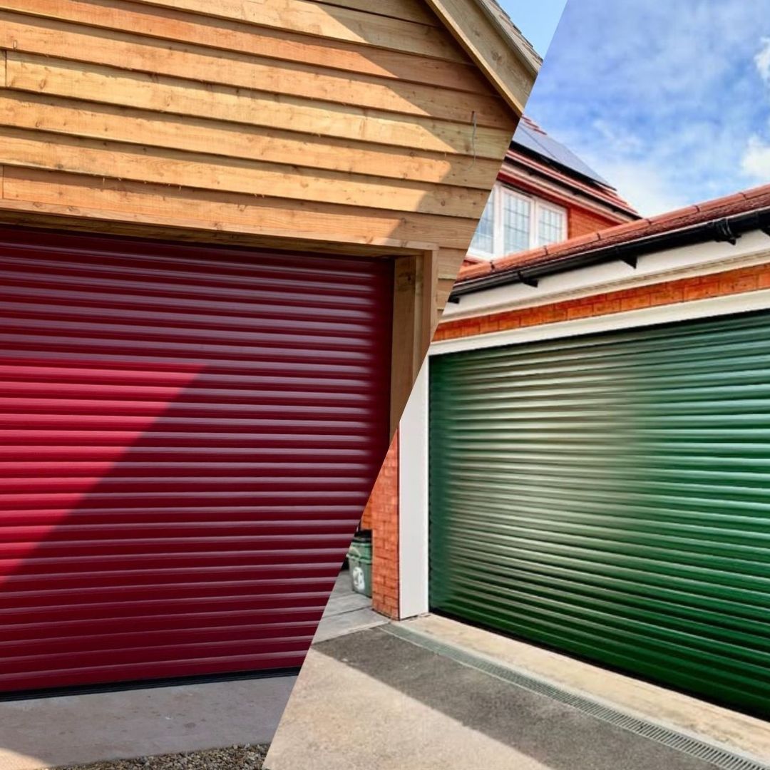 A collage of three different colours of Roller garage doors, brown, red, and green