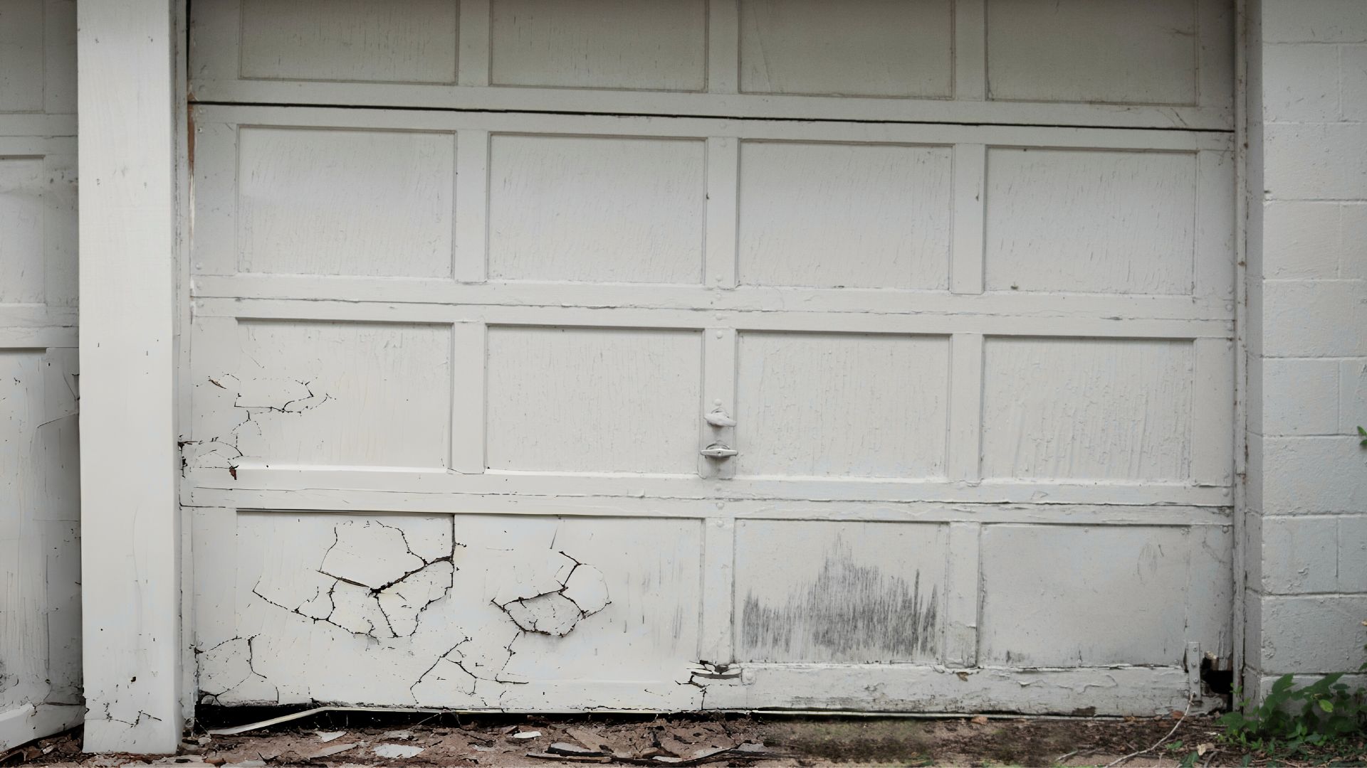 wide shot of an old, broken garage door