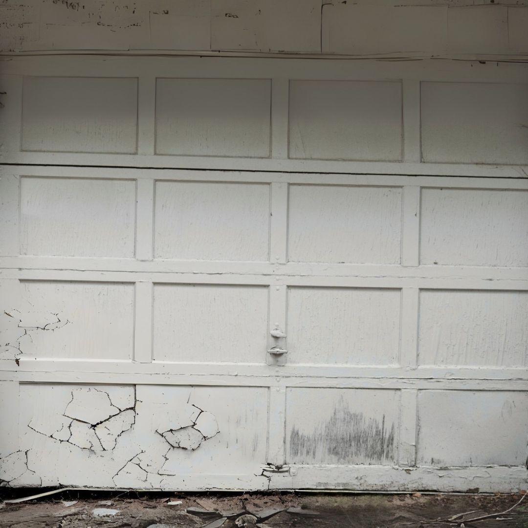 a close up of a broken, old garage door