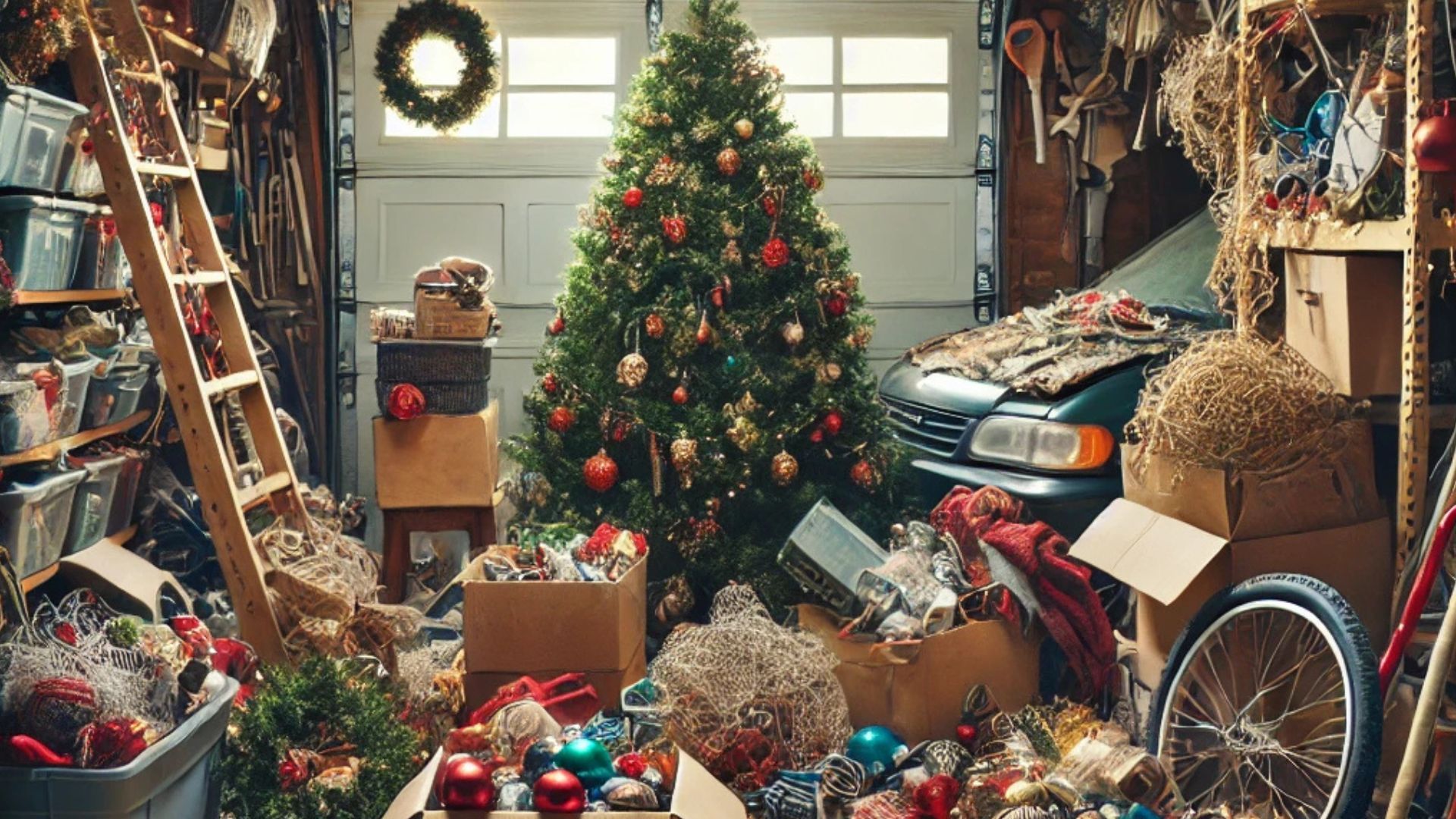 Christmas decorations inside a messy garage